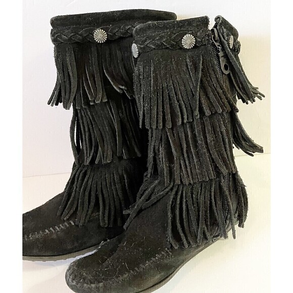 Minnetonka Moccasin Girls Black Boots 3 Layer Fringe Sz 12 Syle 2659 Leather - Picture 3 of 12